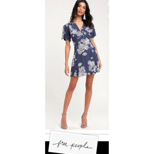 Free People Coastal Cowgirl size S Boho Blue Floral Print Flutter Mini Dress